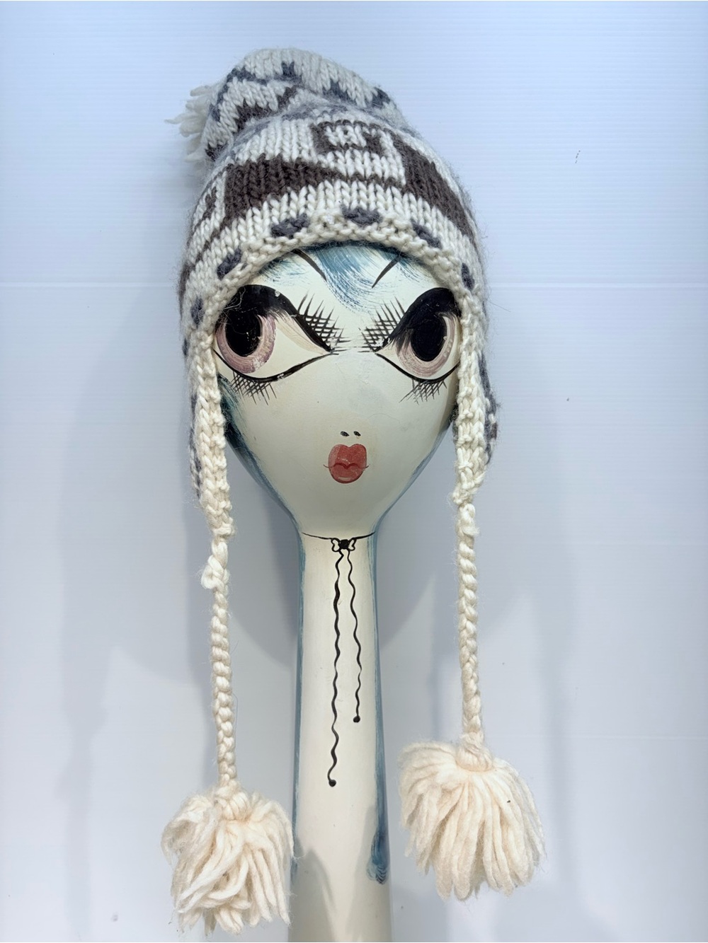 Kids Cream & Gray Knit Earflap Pom Pom Hat, 100% Wool